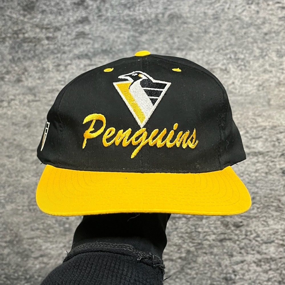 Vintage 90s Pittsburgh‎ Penguins Hat Snapback NHL Adjustable Cap Black Yellow